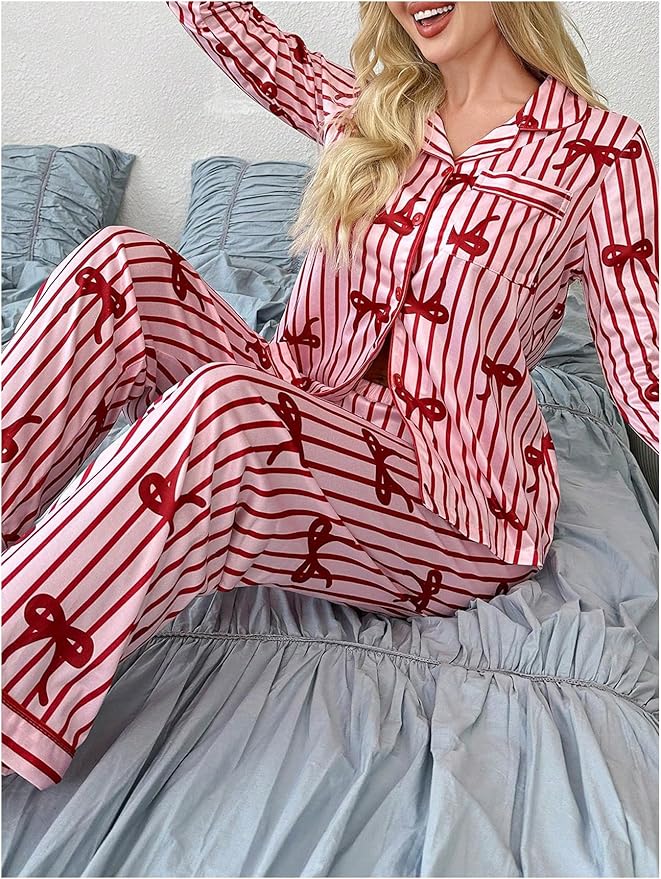 WDIRARA Women's 2 Piece Bowknot Print Satin Pajama Set Long Sleeve Button Down Lounge Pants Sleepwear Sets