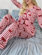 WDIRARA Women's 2 Piece Bowknot Print Satin Pajama Set Long Sleeve Button Down Lounge Pants Sleepwear Sets