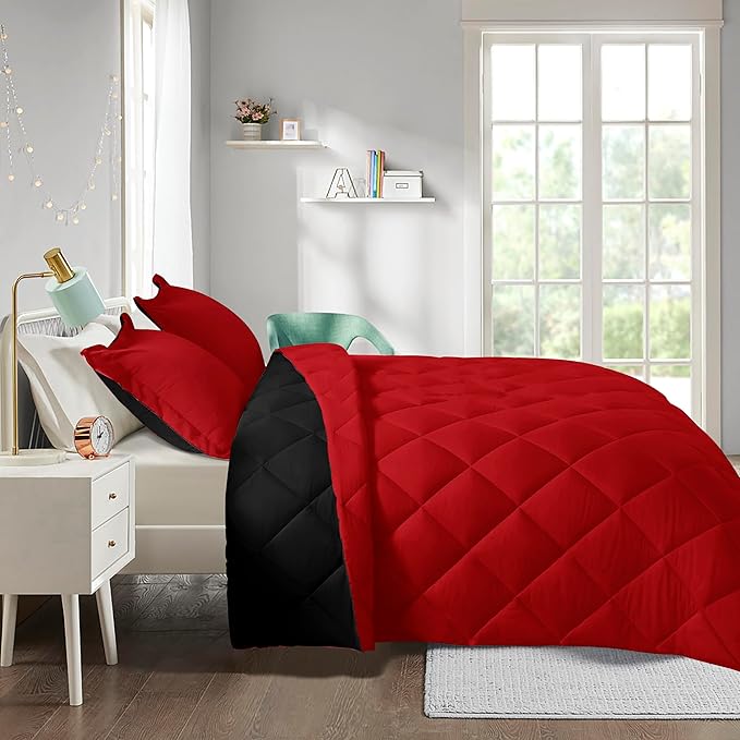 HIG 3pc Red Queen Size Comforter Set-All Season Reversible Down Alternative Comforter with Two Shams -Quilted Duvet Insert with Corner Tabs - Diamond Stitched Blanket - Breathable, Soft, Fluffy