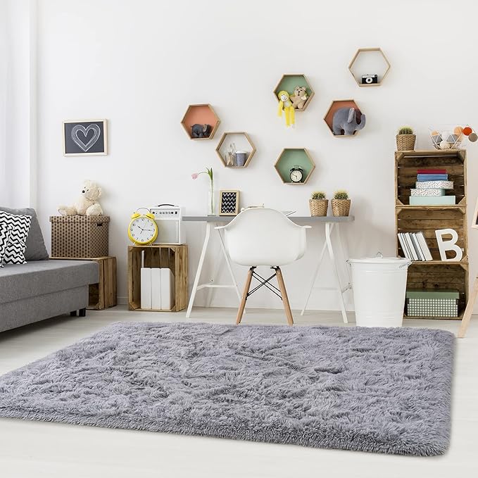 Noahas Large Fluffy Grey 5.3x7.5 Area Rugs for Living Room Bedroom,Thick Shag Throw Rug,Big Soft Shaggy Bedside Non-Slip Plush Dorm Nursery Kids Carpet