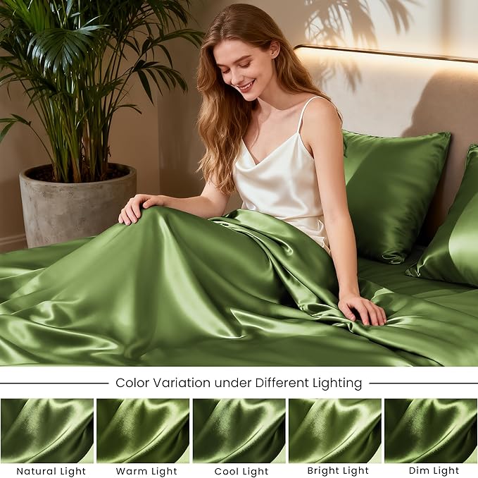 Love's cabin Twin Satin Sheets Sets - 3 Piece Sage Silky Bed Sheets with Deep Pockets, Luxury Silk Feel Satin Twin Size Sheet Set Bedding Set (1 Flat Sheet,1 Fitted Sheet,1 Pillow case)