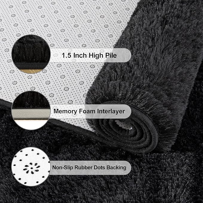 Jelymark Super Soft Shaggy Rug for Bedroom, 2x6 Feet Fluffy Carpet for Living Room, Fuzzy Indoor Plush Area Rug for Home Decor, Furry Floor Rugs for Dorm, Kids Nursery Rug for Girls, Black