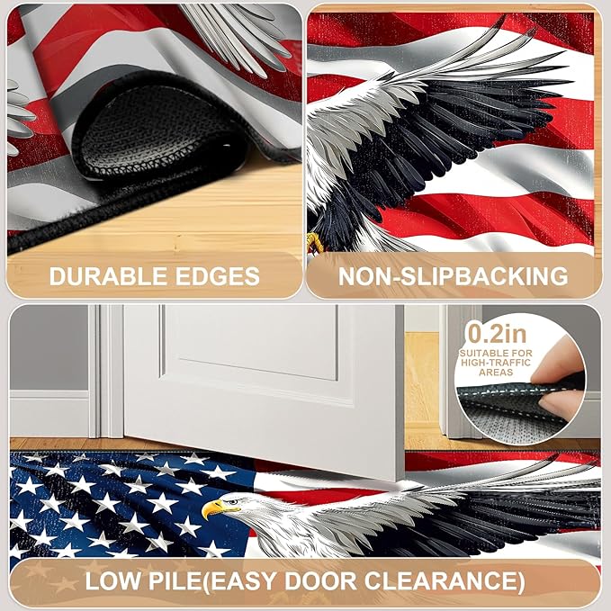 Eagle Flag Independence Day Area Rug 2x3 ft Entry Rug Washable Boho Rugs Non Slip Low Pile Floral Door Mat Small Carpet for Bedroom, Bedside, Kids Room, Office, Dining Room