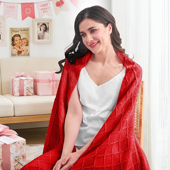 inhand Red Knitted Throw Blanket for Couch Bed, Mothers Day/Mom Birthday Gifts for Mom from Daughter Son, Soft Lightweight with Tassels, Farmhouse Warm Decorative Blanket for Women, 50"x60"