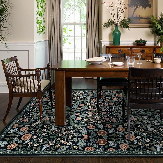 Lahome Claude Floral Bedroom Rugs, 6x9 Black Area Rugs for Living Room, Boho Thin Stain Resistant Carpet for Dining Room, Washable Area Rug Non Slip for Guestroom