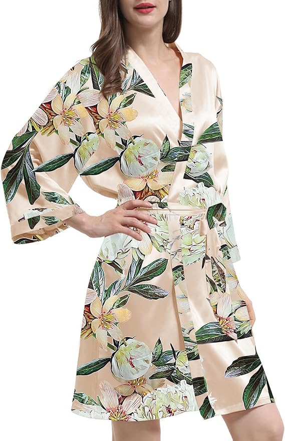 WJing Yi Jia Womens Satin Kimono Robe Silky Robes Floral Bathrobe Bride Bridesmaid Wedding Bridal Dressing Gown Loungewear