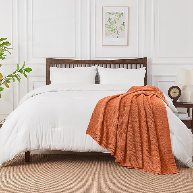 Douceur Rust Orange Throw Blanket for Bed, Soft Cozy Lightweight Stripe Pattern Knitted Throw Blanket for Sofa, Living Room Gift, 60"X80"