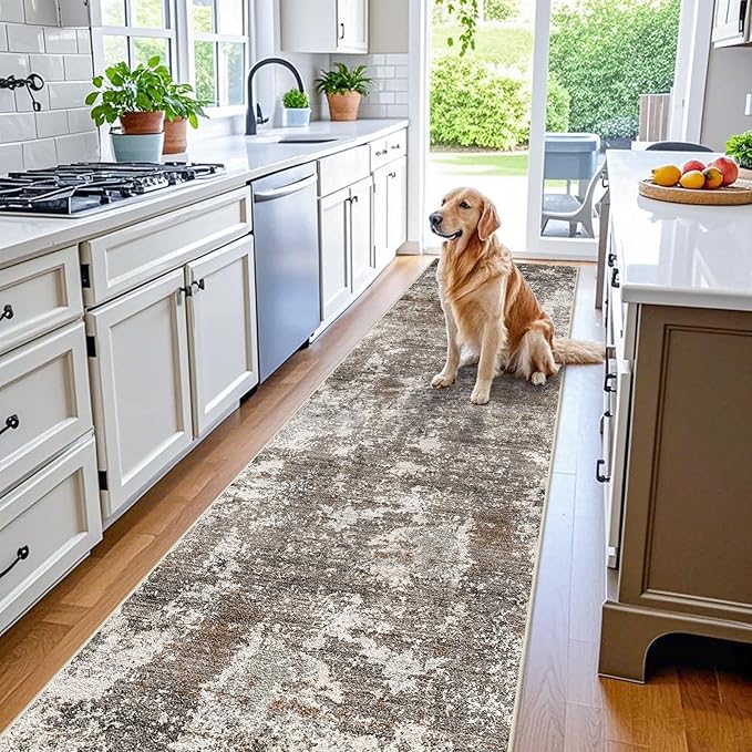 3x16 ft Non-Slip Hallway Runner Rug – Washable Rubber Backed Large Carpet Runner for Hall, Kitchen Floor, Entryway, Bedroom, Living Room – Abstract Modern Neutral Low-Pile Thin (Brown Beige, 3x16)