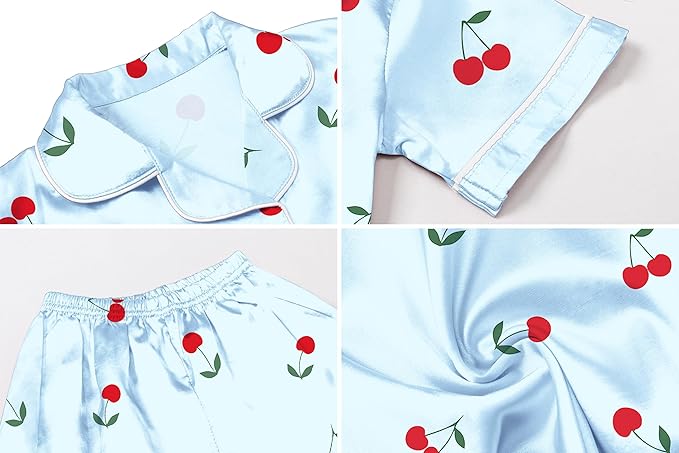 Umeyda Women & Girls Pajamas Set, Soft Satin Lightweight Silk Button-Down Top with Shorts 2 Piece PJS for Mom Boys Kids Gifts