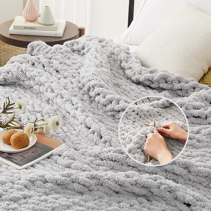L'AGRATY Chunky Knit Blanket Throw: 60''x80'' Chenille Chunky Knitted Throw Blankets for Twin Bed Couch - Handmade Thick Cable Knit Blanket - Large Crochet Rope Blankets for Home Decor(Grey)