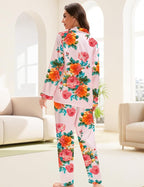 EPLAZA Silk Pajamas for Women Satin Pajamas Set 5 Pcs Long Sleeve Print Pattern Button Down Pjs Sleepwear Loungewear Set