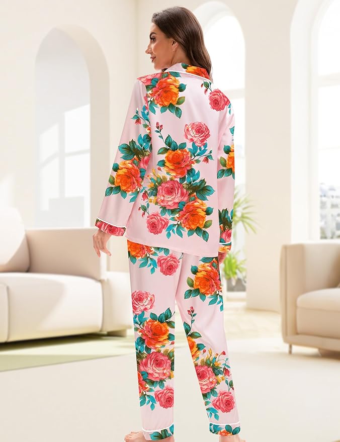 EPLAZA Silk Pajamas for Women Satin Pajamas Set 5 Pcs Long Sleeve Print Pattern Button Down Pjs Sleepwear Loungewear Set