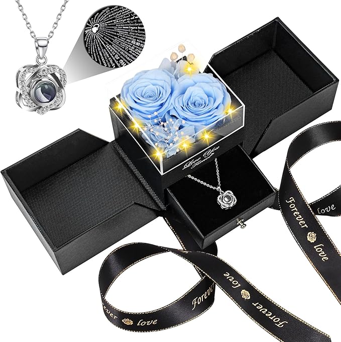2 Preserved Real Rose with Heart I Love You Necklace- Eternal Rose Birthday Gifts for Women Wife Girlfriend Her Mom on Festivals Gifts Christmas Valentines Mothers Day Anniversary-Sky Blue Roses