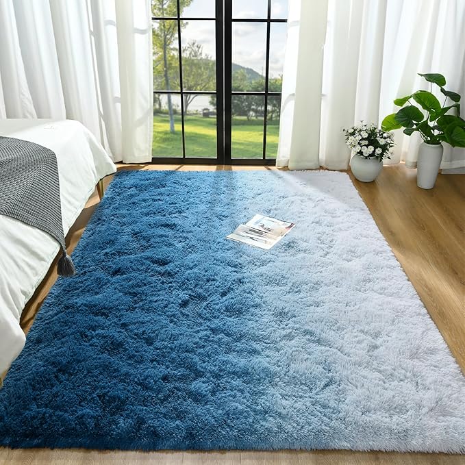 Navy Blue Area Rug 6x9 Large Rugs for Living Room Bedroom, Fluffy Cute Rug Modern Carpets for Kids Room, Non-Skid Rectangular Indoor Gradient Rug for Girls Boys Nursery Room Home Decor