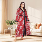 Womens Plus Size Silky Satin Kimono Robe Floral Long Bathrobe Wedding Sleepwear Dressing Gown