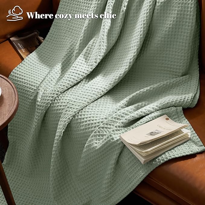PHF Ultra Soft Waffle Weave Blanket Queen Size 90"x 90"- Washed Lightweight Breathable Cozy Woven Blanket for Bed - Aesthetic Decor for Couch Bedding Sofa Home Car - Sage Green/Mint Green