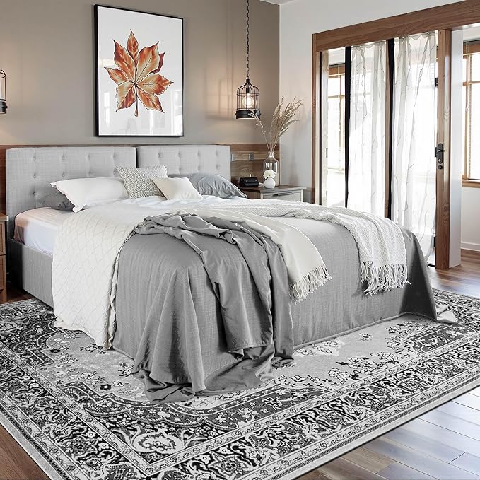 CRYPTOLITE 9x11 Area Rug for Living Room, Modern Washable Rug Non Slip Low Pile Large Area Rugs for Living Room, Bedroom, Farmhouse, Dining Room, Grey