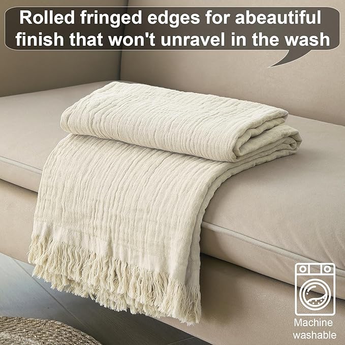 Cotton Muslin Throw Blanket with Tassels, Lightweight Woven Gauze, Pre-Washed Breathable Farmhouse Decor for Bed, Couch, All-Season Use (Beige, 50" x 60")