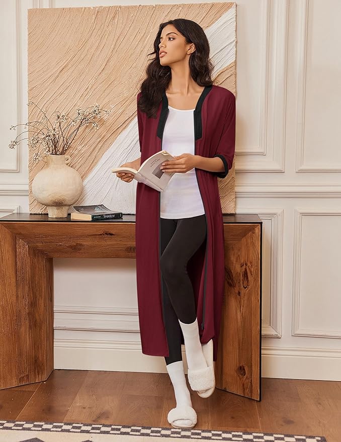 Ekouaer Women's Zipper Robe 3/4 Sleeves Housecoat Full Length Nightgown Soft Loungewear Robe with Pockets S-3XL