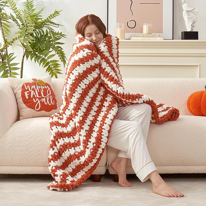Amélie Home Chunky Knit Throw Blanket for Couch, Soft Chenille Handmade Crochet Throw Rope Knot Blanket for Couch, 50"x60", Burnt Orange & White Striped