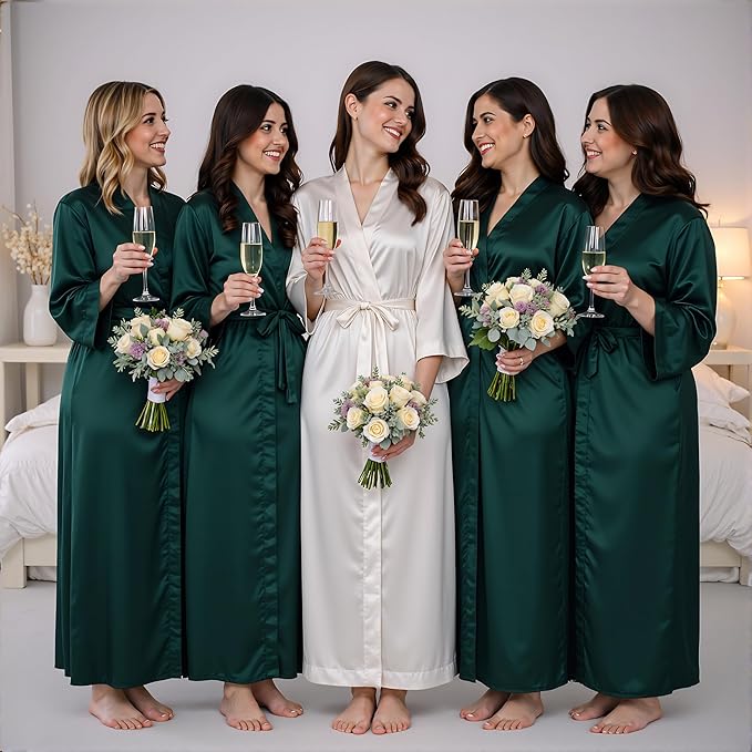 Silk Robes for Women Ankle Length Satin Kimono Robes with Belt Bridemaids Sleepwear Bachelorette Nightgown