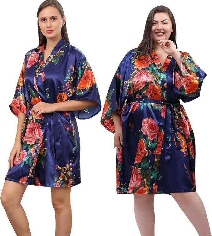 QXQTER Peony Floral Silky Satin Robe Wedding Bridal Party Bride Bridesmaid Robes for Women Dressing Gown Kimono Robe