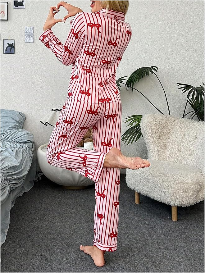 WDIRARA Women's 2 Piece Bowknot Print Satin Pajama Set Long Sleeve Button Down Lounge Pants Sleepwear Sets