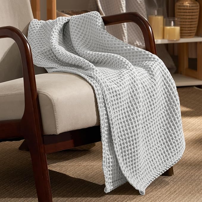 PHF Ultra Soft Waffle Weave Throw Blanket 50"x 60"- Washed Lightweight Breathable Cozy Woven Blanket for Bed - Aesthetic Decor for Couch Bedding Sofa Home Car - Light Grey
