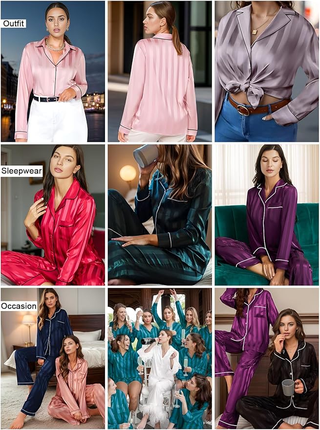 Lonxu Silk Satin Womens Pajama Sets Button Down Sleepwear Loungewear XS~3XL