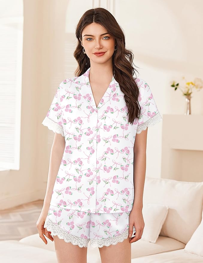 Ekouaer Womens Lace Satin Pajama Set Button Down Pj Shorts Set Bridesmaids Getting Ready Outfits Casual Sleepwear XS-XXL