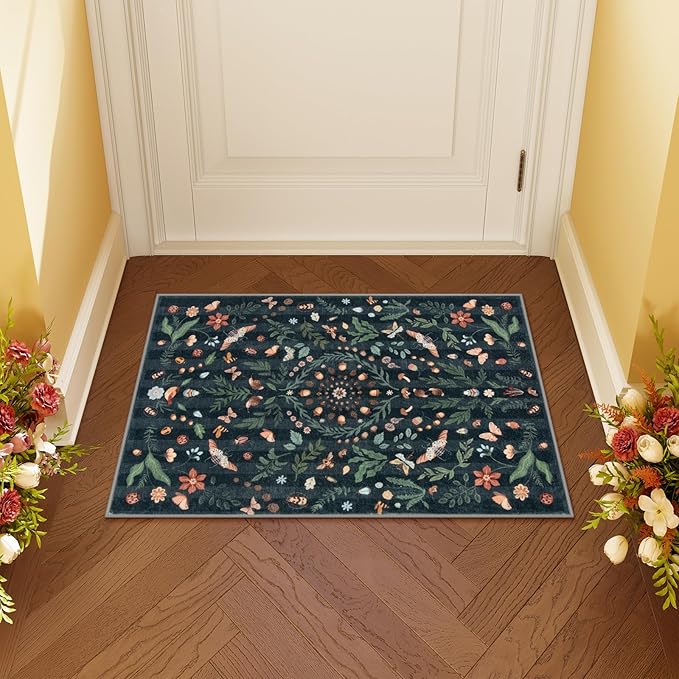 Lahome Insect Botanical Floral 2x3 Small Kitchen Rugs for Entryway Black Door Mat Indoor Entrance,Washable Boho Bathroom Area Rug,Soft Non-Slip Indoor Carpet Throw Rugs for Entry Laundry(Black,2x3)