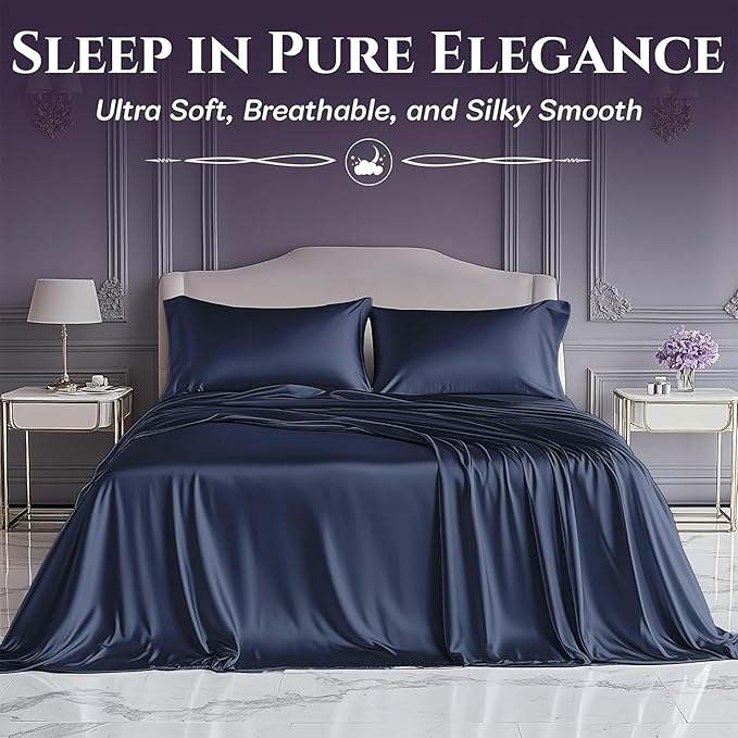 SLEEP SANCTUARY Satin Sheets Twin Size – 3 Piece Luxury Silky Bed Set, Softer Than Silk, 15" Deep Pocket, Cooling & Wrinkle-Free, Moisture-Wicking & Breathable for Hair & Skin (Navy Blue)