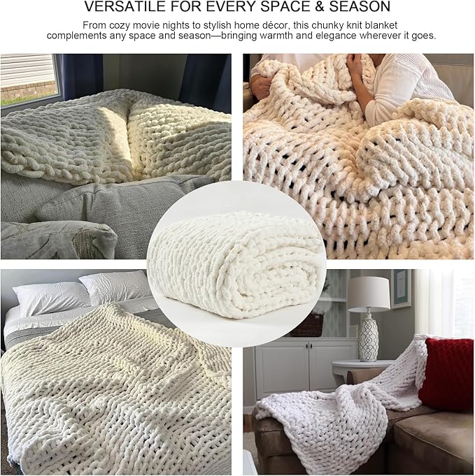Luxury Super Chunky Knit Throw Blanket, Handmade Chenille Cable Knit Crochet Blanket 50x60, Soft Thick Chunky Yarn Knit Throw for Couch & Bed, No Shedding, Ivory/Cream Home Decor Gift