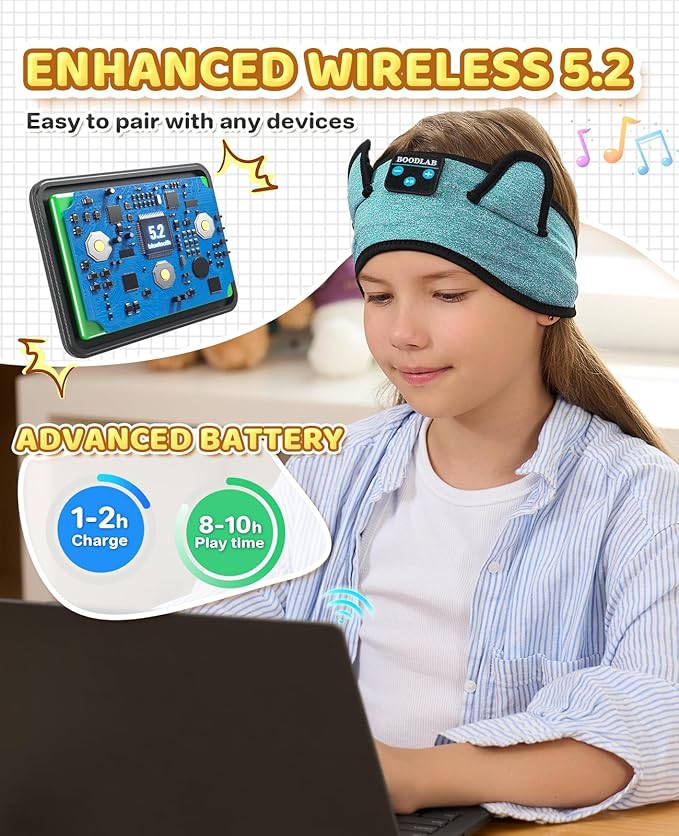 Kids Bluetooth Headband Headphones - Wireless & Wired 3.5mm Jack, Thin Speakers, Adjustable Comfort Fit, Perfect for Toddlers & Children - Home, School & Travel Essentials