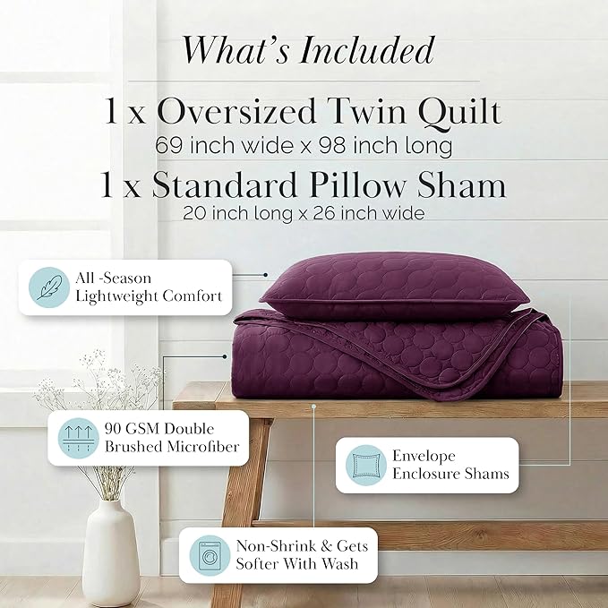 Southshore Fine Living, Inc. Oversized Bedding Quilt, Lightweight Bedding, Twin XL Bedspread, Soft Coverlet 2-Piece Set with One Matching Quilted Pillow Sham, All Season Twin/XL Quilt Set, Purple