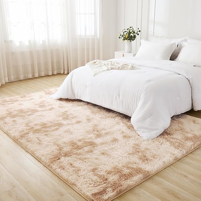Litanika 9x12 Shag Area Rug for Living Room Bedroom, Tie-Dyed Beige High Pile Soft Plush Shaggy Furry Cream Bedside Playroom Dorm Carpet, Non-Slip, Non-Shedding Modern Indoor Floor Rug