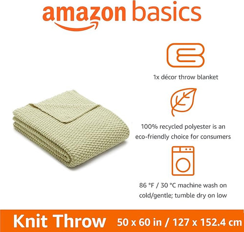 Amazon Basics Chunky Cable Knit Throw Blanket for Couch, Sofa, Bed, Lightweight Soft Cozy, 50" x 60", Sage Green