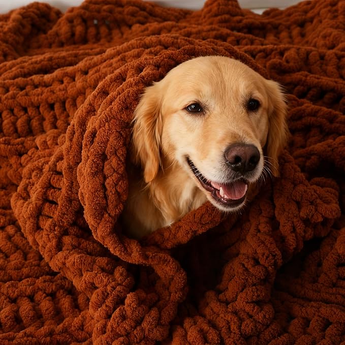 Battilo Orange Chunky Knit Throw Blanket for Couch, Fall Throw Blanket, Rust Throw Fall Decorations, Thick Warm Cozy Soft Chenille Throw Blanket for Sofa, Bed, Living Room, 50"x60"