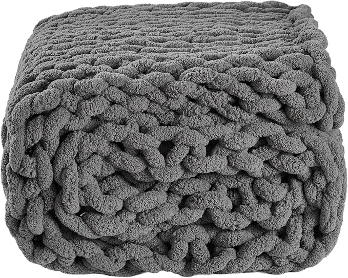 YAAPSU Chunky Knit Throw Blanket for Couch, 51"x63", 100% Hand Knitted Thick Cable Knit with Cozy Jumbo Chenille Yarn, Soft Large Rope Knot Crochet Blankets for Sofa Bed Living Room Décor, Gray