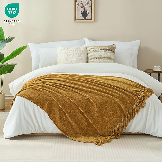 Chenille Throw Blanket for Couch with Tassels,60"X80" Soft Cozy Lightweight Knitted Boho Decorative Blankets for Bed and Sofa,Yellow