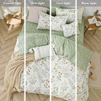 ALEISSEL Natural Cotton 3pcs Botanical Comforter Sets Queen Size-Green Comforter with Red & Blue Flowers,Gray Leaves on Off-White, Reversible Lightweight Bedding Sets(Full/Queen)