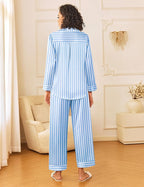 Ekouaer Womens Silk Satin Pajama Sets 2 Piece Sleepwear Pjs Set Long Sleeve Button Down Top and Pants Stripe Loungewear S-XXL