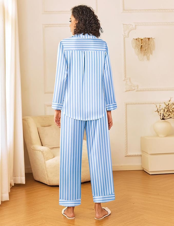 Ekouaer Womens Silk Satin Pajama Sets 2 Piece Sleepwear Pjs Set Long Sleeve Button Down Top and Pants Stripe Loungewear S-XXL