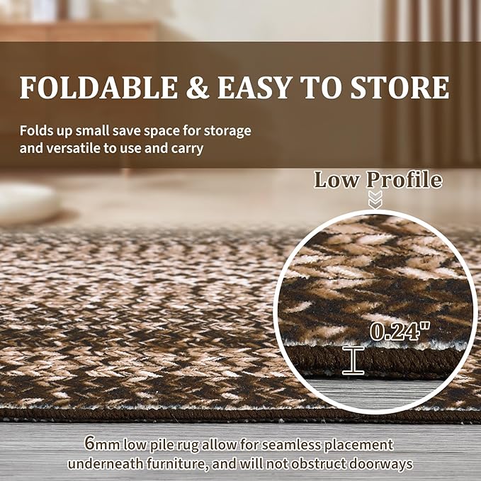 RUGSREAL 3x5 Area Rug, Washable Rug for Bedroom Braided Printed Throw Mat, Living Room Rug Non Slip Stain Resistant Small Dining Room Carpet, Rustic Accent Small Carpet for Entryway Home Decor, Brown