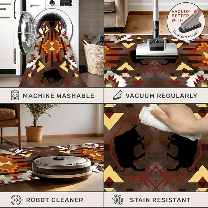 Country Cabin Cowhide Rug,2x7ft,Cow Rugs for Living Room, Rustic Farmhouse Western Kitchen Rugs,Southwestern Native American Aztec Rugs,for Bedside, Bedroom Entrance Hallway
