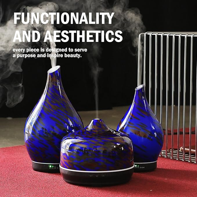 Porseme 500ml Glass Essential Oil Diffuser Aromatherapy Ultrasonic Cool Mist Humidifier 15-21 Running Hours Waterless Auto-Off Air Diffusers for Sleeping Yoga Working Spa(Cobalt Blue)