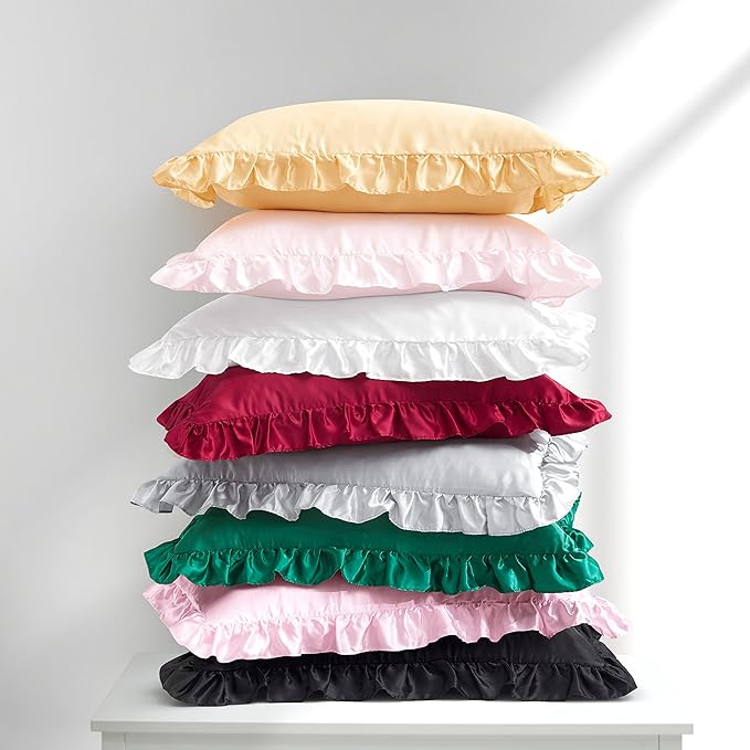 Silky Satin Ruffled Pillow Cases for Hair and Skin,Light Gray Silk Pillowcases Standard Set of 2 with Envelope Closure Princess Room Decoration
