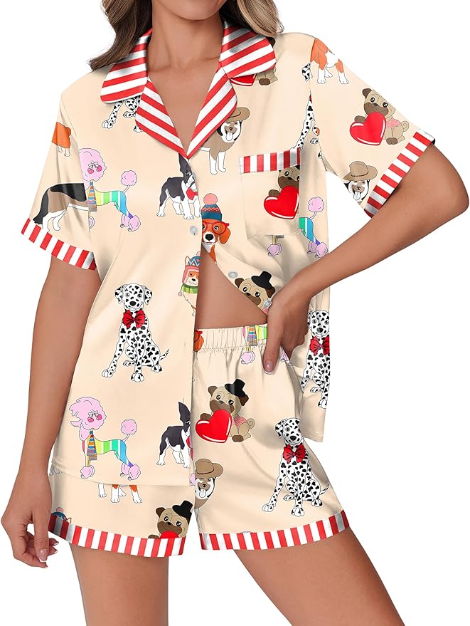 Ekouaer Womens Silk Satin Pajamas Set Animals Print Pjs Button Down Short Sleeve Lounge Set 2 Piece Sleepwear