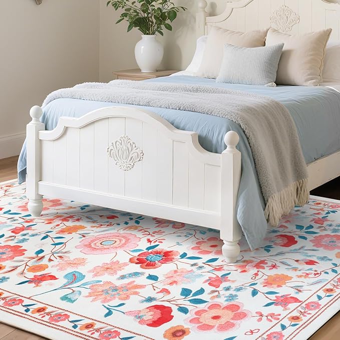 CRYPTOLITE 8x10 Area Rug for Living Room Clearance, Modern Washable Rug Non Slip Low Pile Floral Rugs for Living Room, Bedroom, Farmhouse, Dining Room, Kids Playroom, Beige