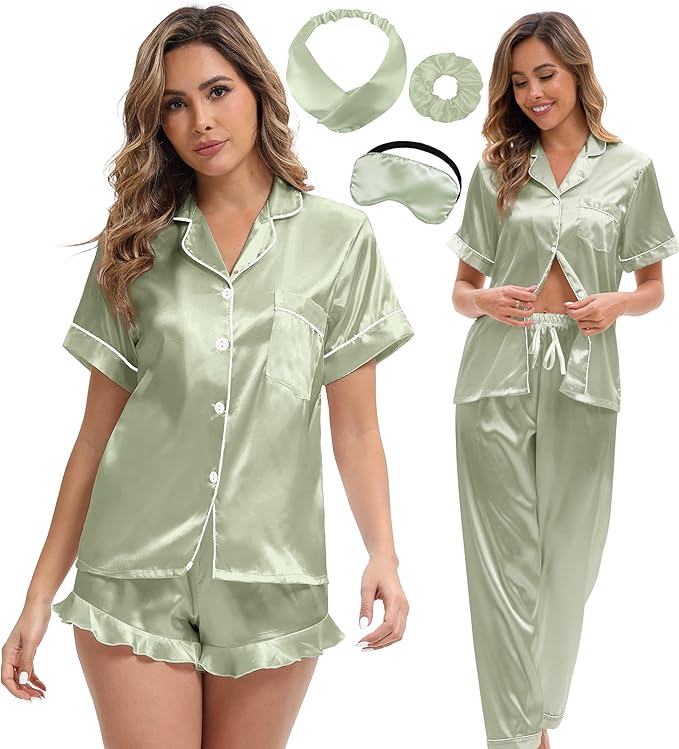 Silk Satin Pajama Set for Women 3-piece Short Sleeve Pajama with Pants Ruffle Shorts Cute Pj Set Button Down Sleepwear